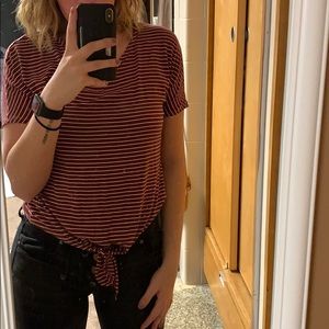 Maroon striped tie-front tee